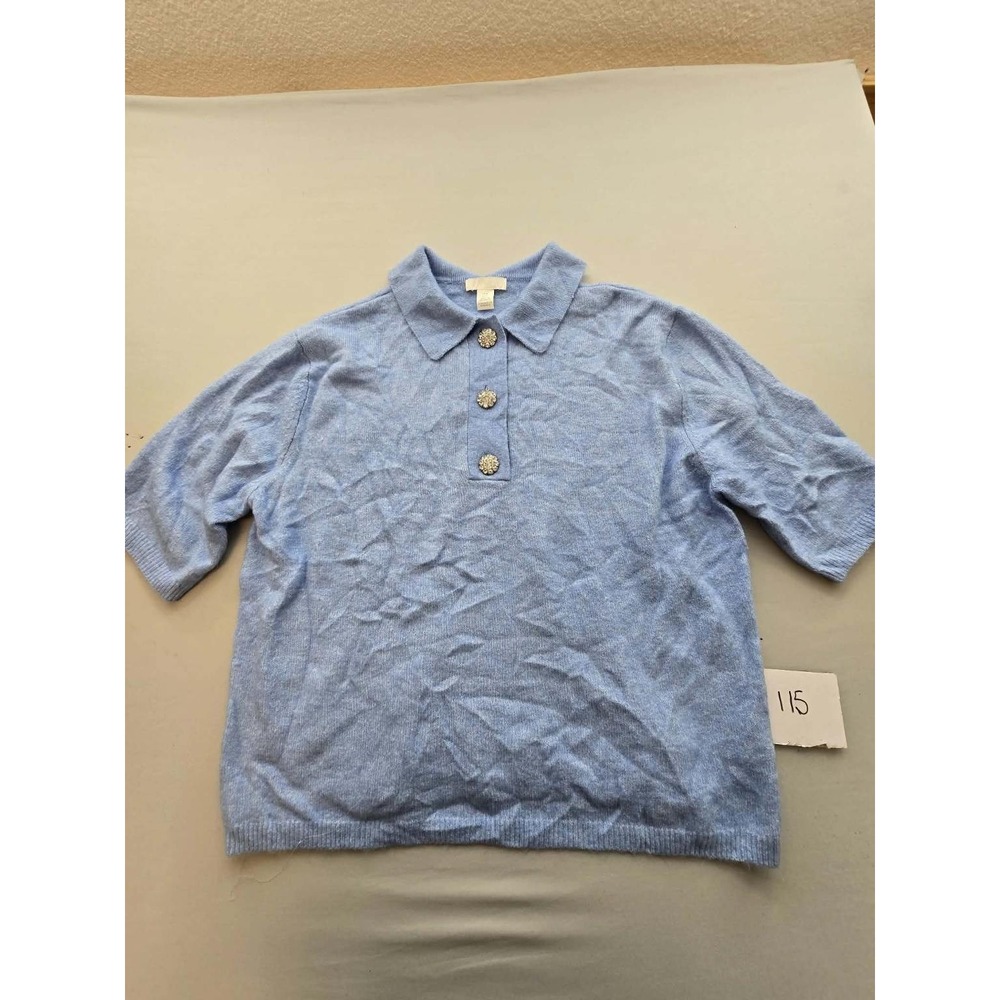 HM Womens Blue Knit Polo Shirt Short Sleeve Rhinestone Button Collared Top M